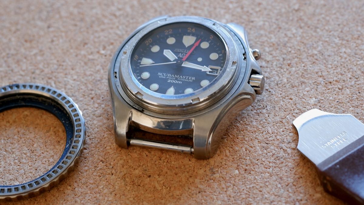 The bezel removed from a Seiko diving watch.