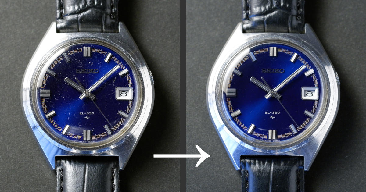 Before and after images of a watch that had scratches removed from its acrylic crystal.