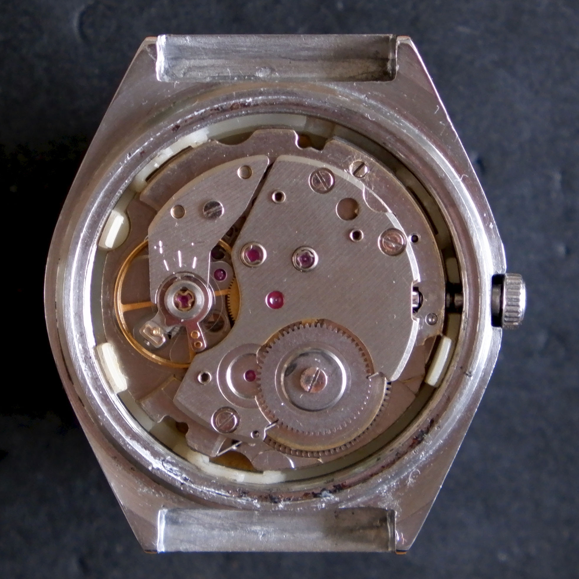 Seiko movement 6309A with rotor assembly removed.