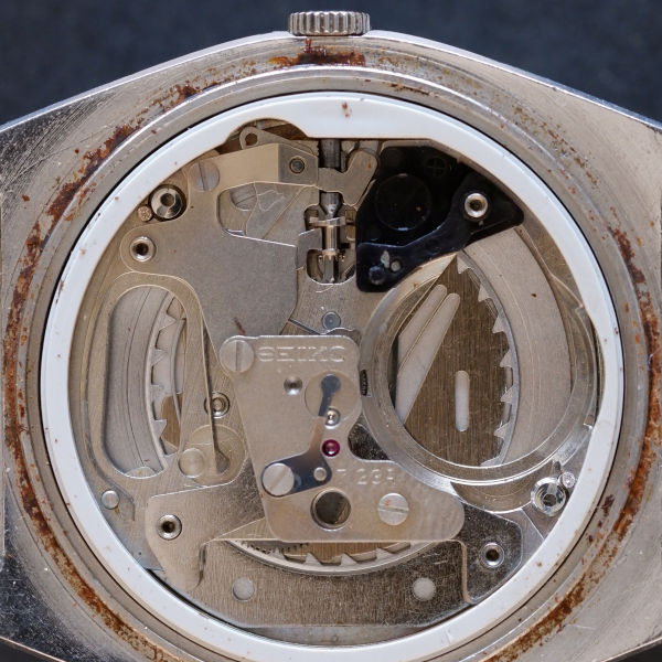 Seiko movement 7123A with the circuit board and coil removed.