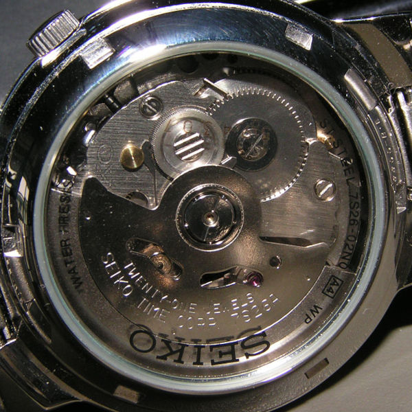 Seiko movement 7S26A in model 7S26-02N0 (SNKA19), showing the "magic lever" for efficient winding.